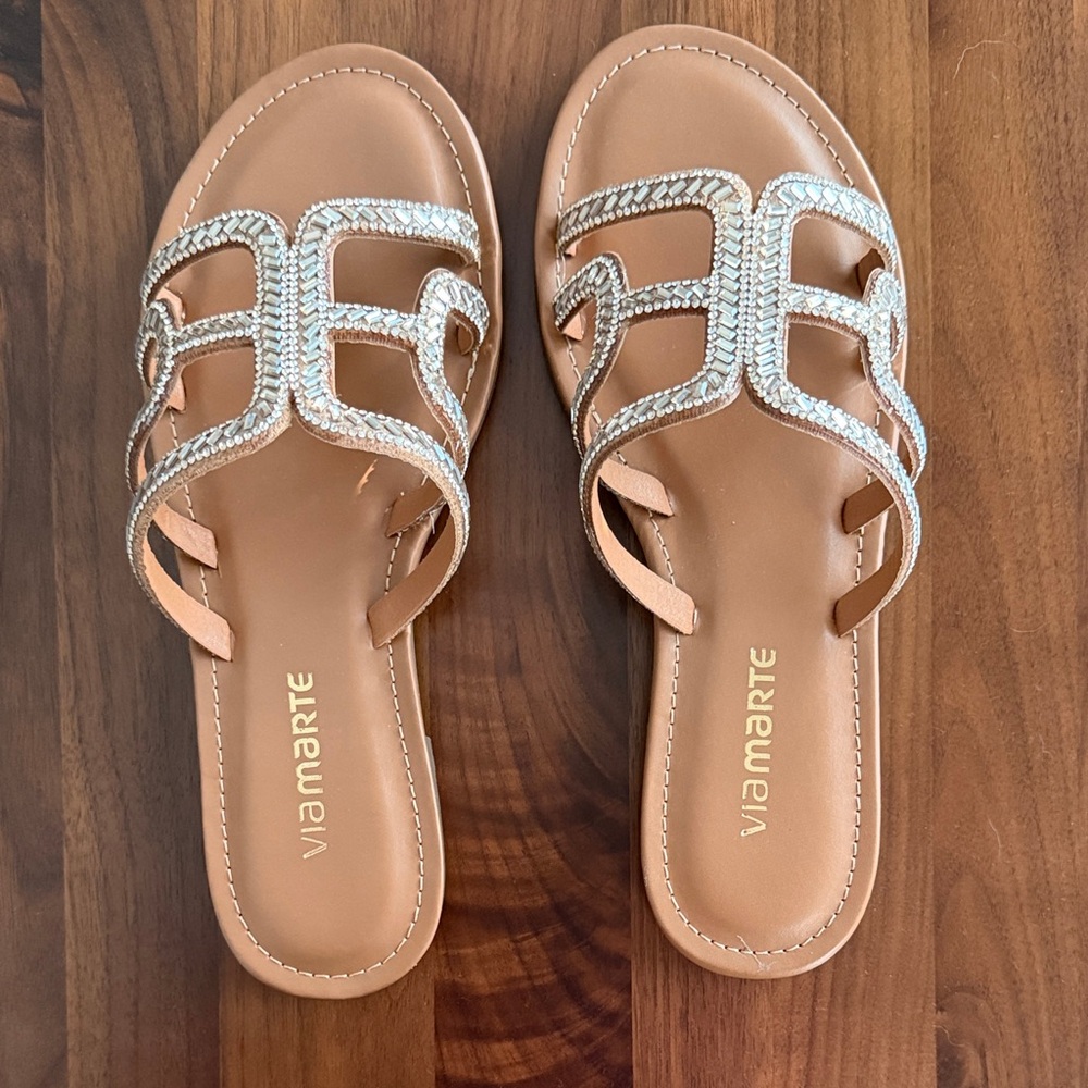 Embellished Nude Flat Sandals, Crystal Detail Size 8.5